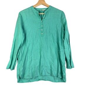Eileen Fisher 100% Organic Linen Tunic Shirt Teal Green XS/TP Long Sleeve V-Neck